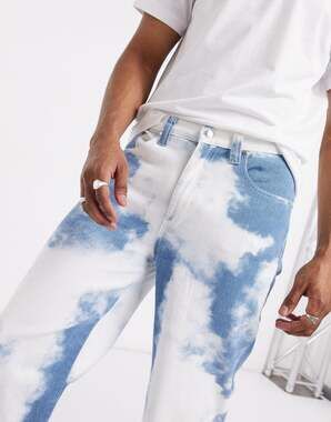 Jaded London Cloud Print Skate Jeans Men W34 L30 Blue White Baggy Denim